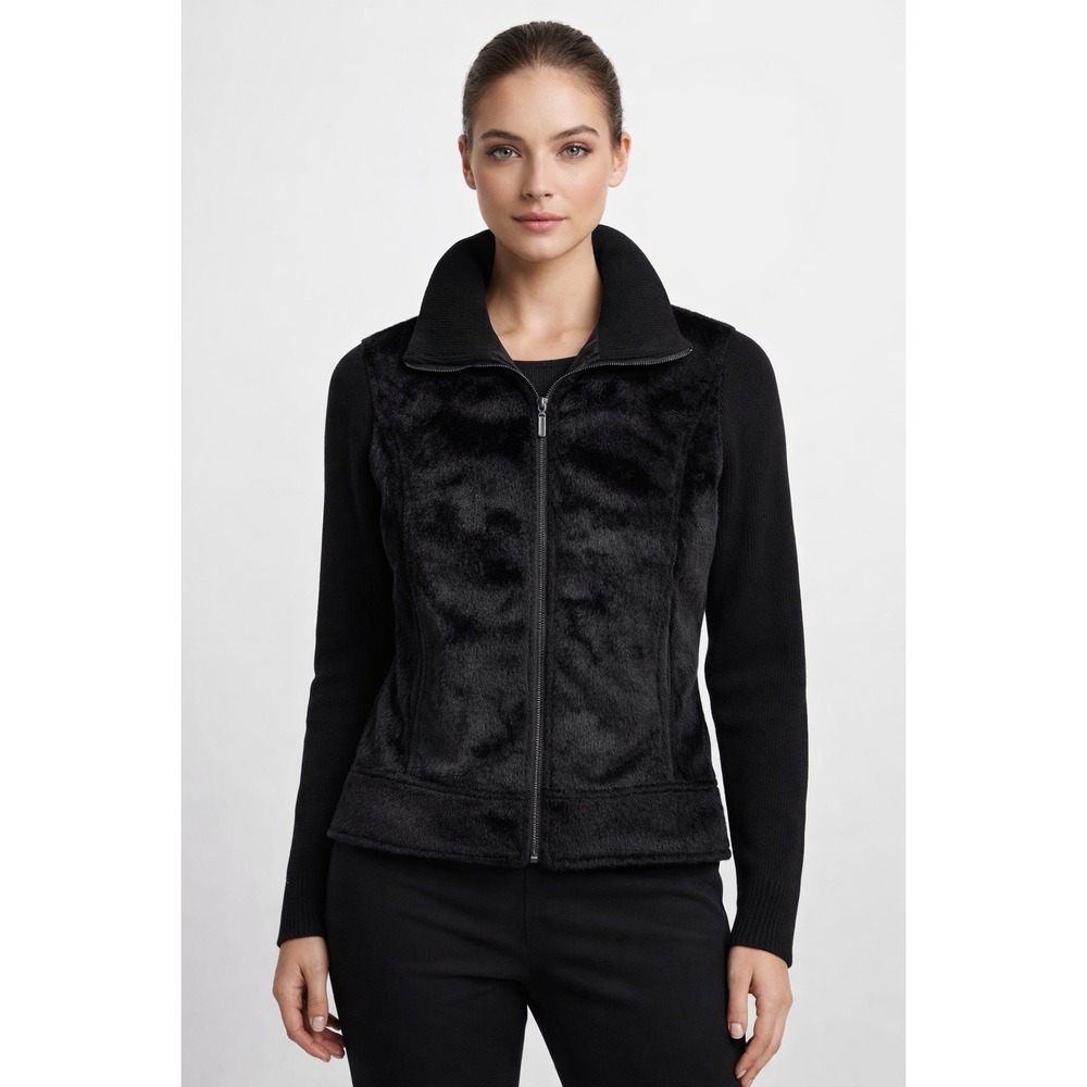 NEW Jaclyn Smith Black Faux Fur Animal Hair Knit Sweater Jacket Calf Hair‎ Sz M